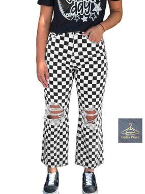 High Waisted Distressed Cropped Checkerboard Plaid Jeans Stretch